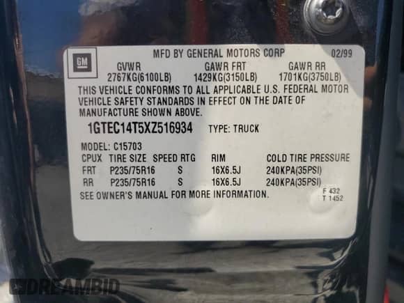 1999 GMC Sierra 1500 SLE с VIN 1GTEC14T5XZ516934, выставлен на аукционе Copart как лот 80093415 с пробегом 301 674 миль миль и Чистый • Clean title. История ставок и продаж доступна на DreamBid. Изображение 12.