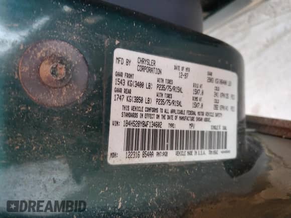 1998 Dodge Durango with VIN 1B4HS28Y8WF134602, listed as a Copart auction lot 51768415 with 169,995 mi miles and Clean title. Bid and sale history available at DreamBid. Image 13.