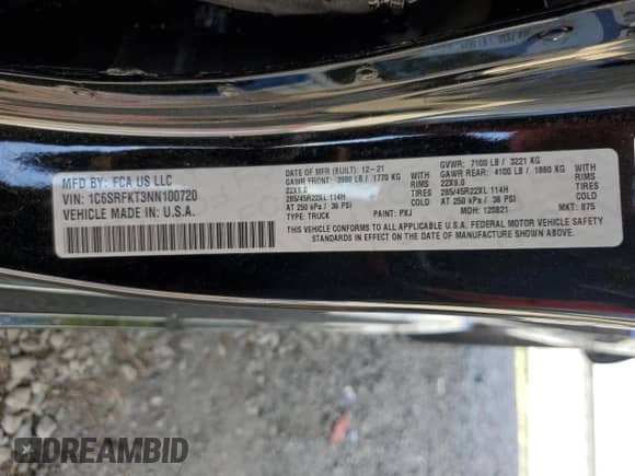2022 Ram 1500 Longhorn z VIN 1C6SRFKT3NN100720, wystawiony jako Copart lot #65789525 z przebiegiem 21 505 mil mil oraz Szkoda całkowita • Salvage title. Historia ofert i sprzedaży dostępna na DreamBid. Obrazek 12.