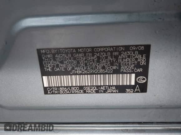 2009 Lexus IS 250 с VIN JTHBK262X92085422, выставлен на аукционе IAAI как лот 43059080 с пробегом 176 955 миль миль и . История ставок и продаж доступна на DreamBid. Изображение 9.