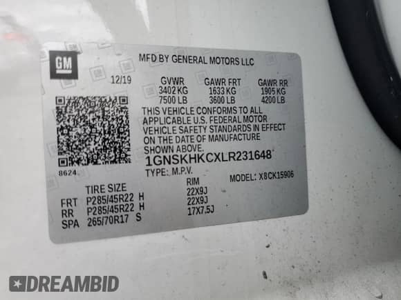 2020 Chevrolet Suburban LT z VIN 1GNSKHKCXLR231648, wystawiony jako Copart lot #66118185 z przebiegiem 108 122 mil mil oraz Szkoda całkowita • Salvage title. Historia ofert i sprzedaży dostępna na DreamBid. Obrazek 13.