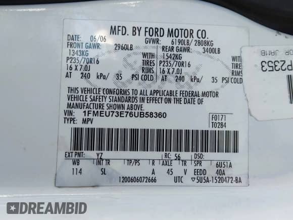 2006 Ford Explorer XLT with VIN 1FMEU73E76UB58360, listed as a IAAI auction lot 43463533 with 170,475 mi miles and . Bid and sale history available at DreamBid. Image 9.