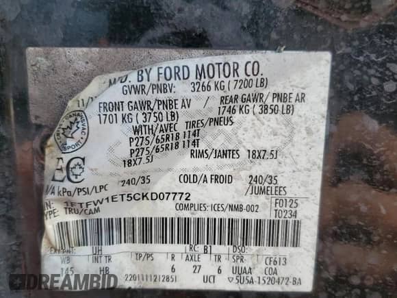 2012 Ford F-150 XL with VIN 1FTFW1ET5CKD07772, listed as a Copart auction lot 85351335 with Not provided miles and Salvage title. Bid and sale history available at DreamBid. Image 12.