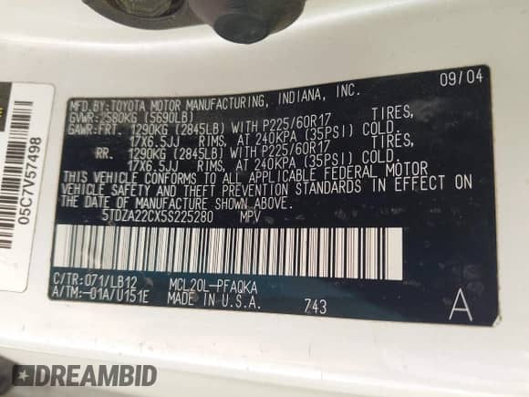 2005 Toyota Sienna XLE z VIN 5TDZA22CX5S225280, wystawiony jako IAAI lot #43486306 z przebiegiem 267 644 mil mil oraz . Historia ofert i sprzedaży dostępna na DreamBid. Obrazek 9.