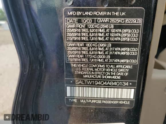 2004 Land Rover Discovery SE с VIN SALTW19404A840134, выставлен на аукционе Copart как лот 66963025 с пробегом 111 254 миль миль и Чистый • Clean title. История ставок и продаж доступна на DreamBid. Изображение 13.