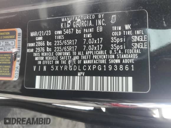 2023 Kia Sorento LX with VIN 5XYRGDLCXPG193861, listed as a Copart auction lot 58504275 with 138,690 mi miles and Salvage title. Bid and sale history available at DreamBid. Image 12.