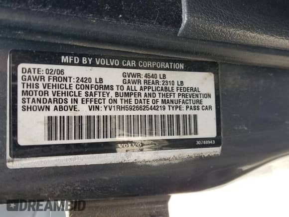 2006 Volvo S60 2.5L Turbo с VIN YV1RH592662544219, выставлен на аукционе Copart как лот 69041265 с пробегом Не указан миль и Списание • Salvage title. История ставок и продаж доступна на DreamBid. Изображение 12.