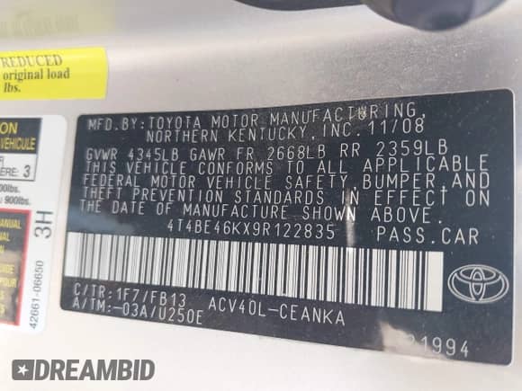 2009 Toyota Camry с VIN 4T4BE46KX9R122835, выставлен на аукционе IAAI как лот 43200235 с пробегом 214 421 миль миль и . История ставок и продаж доступна на DreamBid. Изображение 9.