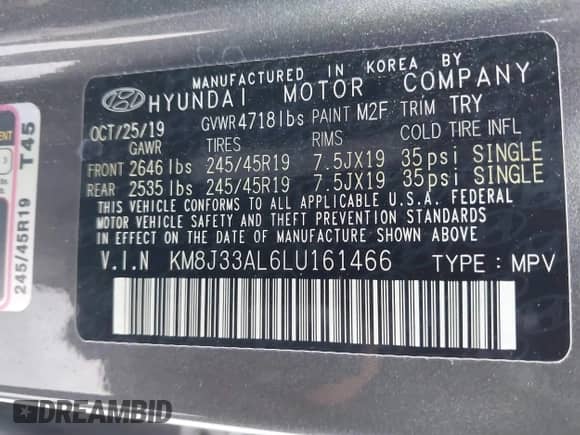 2020 Hyundai Tucson SEL with VIN KM8J33AL6LU161466, listed as a IAAI auction lot 41008295 with 44,489 mi miles and . Bid and sale history available at DreamBid. Image 9.