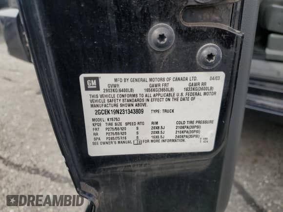 2003 Chevrolet Silverado SS with VIN 2GCEK19N231343809, listed as a Copart auction lot 71425635 with 164,928 mi miles and Salvage title. Bid and sale history available at DreamBid. Image 12.