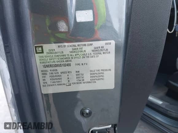 2009 Chevrolet Traverse LTZ z VIN 1GNER33D89S102490, wystawiony jako IAAI lot #42352412 z przebiegiem 56 763 mil mil oraz . Historia ofert i sprzedaży dostępna na DreamBid. Obrazek 9.