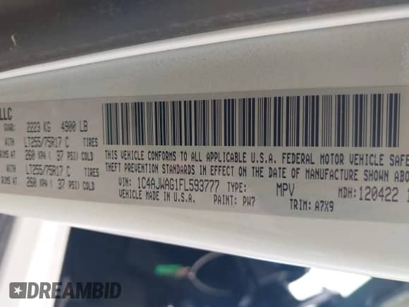 2015 Jeep Wrangler Sport with VIN 1C4AJWAG1FL593777, listed as a IAAI auction lot 42952137 with 99,393 mi miles and . Bid and sale history available at DreamBid. Image 9.