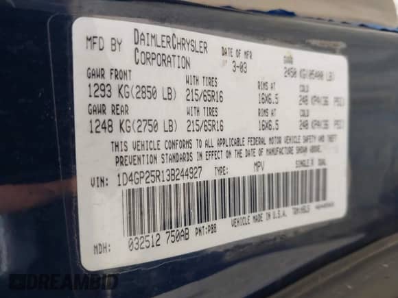2003 Dodge Caravan SE z VIN 1D4GP25R13B244927, wystawiony jako IAAI lot #43105613 z przebiegiem 167 062 mil mil oraz . Historia ofert i sprzedaży dostępna na DreamBid. Obrazek 9.