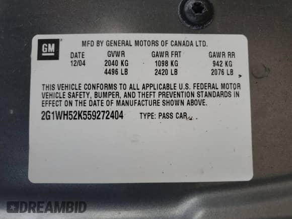 2005 Chevrolet Impala LS with VIN 2G1WH52K559272404, listed as a Copart auction lot 85717255 with 211,236 mi miles and Salvage title. Bid and sale history available at DreamBid. Image 12.