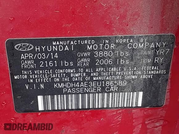 2014 Hyundai Elantra SE with VIN KMHDH4AE3EU186589, listed as a IAAI auction lot 43110457 with 250,706 mi miles and . Bid and sale history available at DreamBid. Image 9.