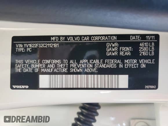2012 Volvo S60 T5 с VIN YV1622FS2C2112181, выставлен на аукционе Copart как лот 85720475 с пробегом 127 757 миль миль и Списание • Salvage title. История ставок и продаж доступна на DreamBid. Изображение 13.