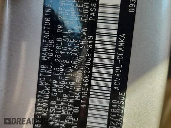 2007 Toyota Camry LE with VIN 4T1BE46K27U081849, listed as a Copart auction lot 81277225 with 267,472 mi miles and Salvage title. Bid and sale history available at DreamBid. Image 13.