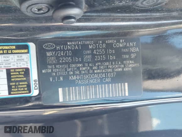 2010 Hyundai Genesis Coupe Track z VIN KMHHT6KD0AU041697, wystawiony jako IAAI lot #43233486 z przebiegiem 107 640 mil mil oraz . Historia ofert i sprzedaży dostępna na DreamBid. Obrazek 9.