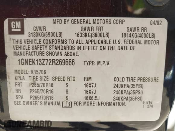 2002 Chevrolet Tahoe Z71 with VIN 1GNEK13Z72R269666, listed as a IAAI auction lot 43190322 with 278,116 mi miles and . Bid and sale history available at DreamBid. Image 9.