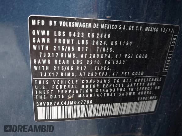 2018 Volkswagen Tiguan S с VIN 3VV0B7AX4JM087786, выставлен на аукционе IAAI как лот 42941983 с пробегом 87 202 миль миль и . История ставок и продаж доступна на DreamBid. Изображение 9.