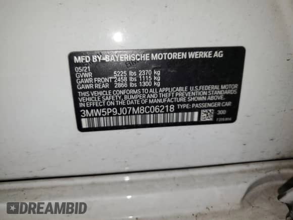 2021 BMW 3 Series 330e xDrive с VIN 3MW5P9J07M8C06218, выставлен на аукционе Copart как лот 67291245 с пробегом Не указан миль и На запчасти • Non repairable. История ставок и продаж доступна на DreamBid. Изображение 12.