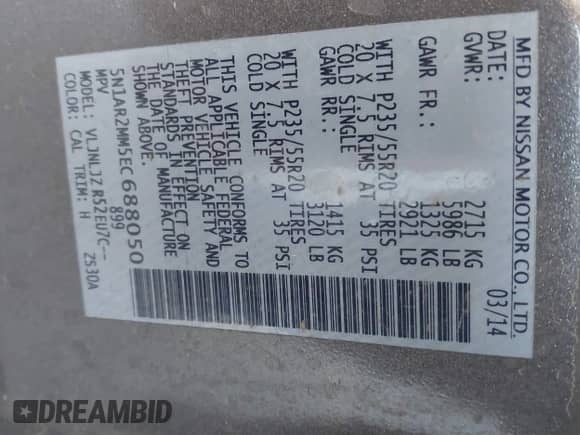 2014 Nissan Pathfinder SV with VIN 5N1AR2MM5EC688050, listed as a IAAI auction lot 41537739 with 130,238 mi miles and . Bid and sale history available at DreamBid. Image 9.