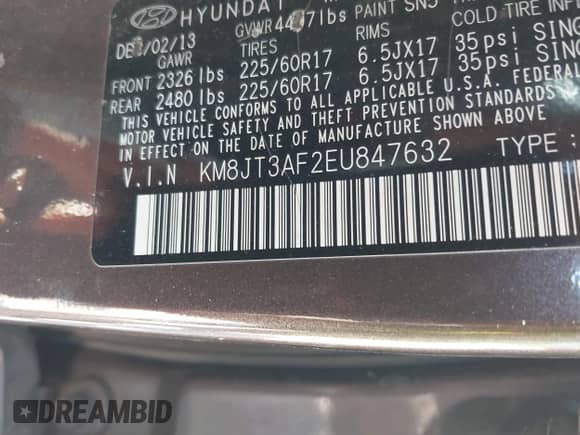 2014 Hyundai Tucson GLS with VIN KM8JT3AF2EU847632, listed as a IAAI auction lot 43447003 with 103,178 mi miles and . Bid and sale history available at DreamBid. Image 9.