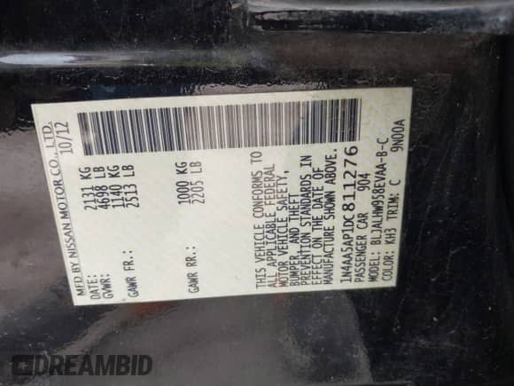 2013 Nissan Maxima S with VIN 1N4AA5AP1DC811276, listed as a IAAI auction lot 42191413 with 119,564 mi miles and . Bid and sale history available at DreamBid. Image 9.