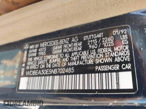 1992 Mercedes-Benz 300 с VIN WDBEA30E5NB702485, выставлен на аукционе IAAI как лот 42938122 с пробегом 279 330 миль миль и . История ставок и продаж доступна на DreamBid. Изображение 9.