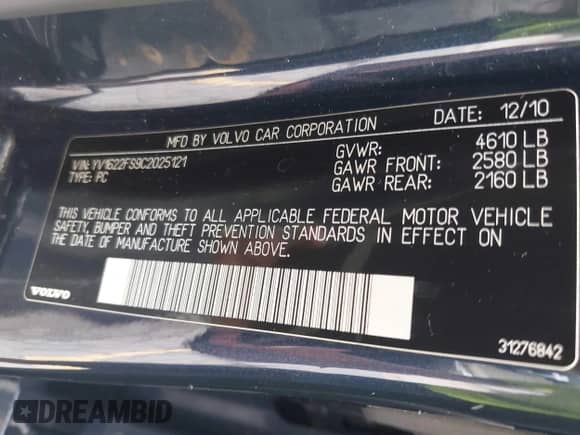 2012 Volvo S60 T5 с VIN YV1622FS9C2025121, выставлен на аукционе IAAI как лот 43027092 с пробегом 197 230 миль миль и . История ставок и продаж доступна на DreamBid. Изображение 9.