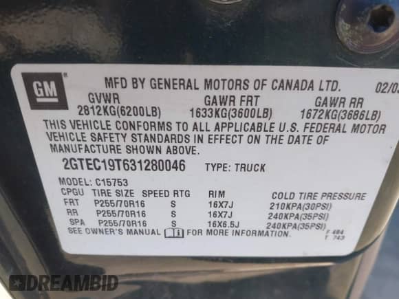 2003 GMC Sierra 1500 SLE with VIN 2GTEC19T631280046, listed as a IAAI auction lot 41677072 with 217,336 mi miles and . Bid and sale history available at DreamBid. Image 9.