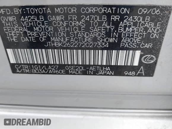 2007 Lexus IS 250 with VIN JTHBK262272027334, listed as a IAAI auction lot 42332530 with Not provided miles and . Bid and sale history available at DreamBid. Image 9.