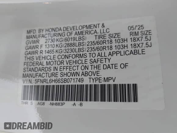 2025 Honda Odyssey EX-L with VIN 5FNRL6H66SB071749, listed as a IAAI auction lot 42712970 with 888 mi miles and . Bid and sale history available at DreamBid. Image 9.