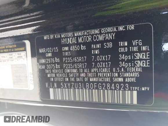 2015 Hyundai Santa Fe z VIN 5XYZU3LB0FG284923, wystawiony jako IAAI lot #43246696 z przebiegiem 96 991 mil mil oraz . Historia ofert i sprzedaży dostępna na DreamBid. Obrazek 9.