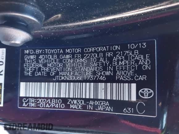 2014 Toyota Prius Two с VIN JTDKN3DU6E1737746, выставлен на аукционе IAAI как лот 43364745 с пробегом 221 524 миль миль и . История ставок и продаж доступна на DreamBid. Изображение 9.