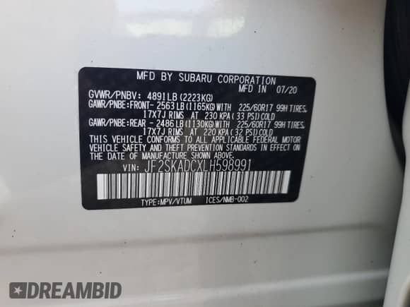 2020 Subaru Forester z VIN JF2SKADCXLH598991, wystawiony jako Copart lot #68643755 z przebiegiem Nie podano mil oraz Nie do naprawy • Non repairable. Historia ofert i sprzedaży dostępna na DreamBid. Obrazek 13.