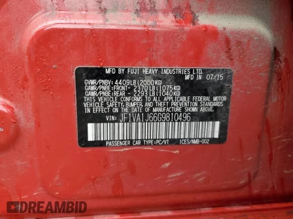 2016 Subaru WRX Limited with VIN JF1VA1J66G9810496, listed as a Copart auction lot 70057985 with 83,371 mi miles and Salvage title. Bid and sale history available at DreamBid. Image 12.