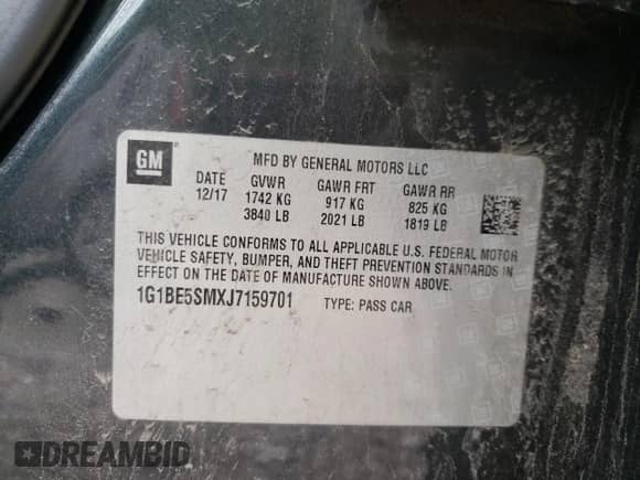2018 Chevrolet Cruze LT с VIN 1G1BE5SMXJ7159701, выставлен на аукционе Copart как лот 58507845 с пробегом 112 294 миль миль и Списание • Salvage title. История ставок и продаж доступна на DreamBid. Изображение 12.