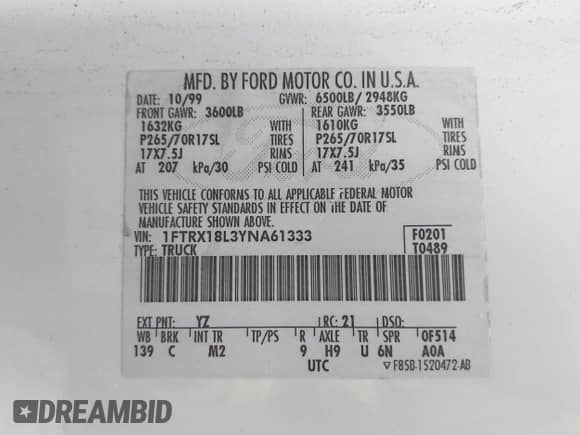 2000 Ford F-150 XL with VIN 1FTRX18L3YNA61333, listed as a IAAI auction lot 41727187 with Not provided miles and . Bid and sale history available at DreamBid. Image 9.