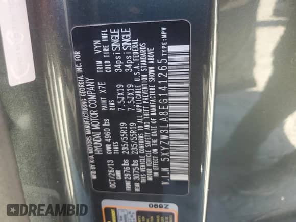 2014 Hyundai Santa Fe with VIN 5XYZW3LA8EG141265, listed as a Copart auction lot 81970325 with 153,786 mi miles and Clean title. Bid and sale history available at DreamBid. Image 13.
