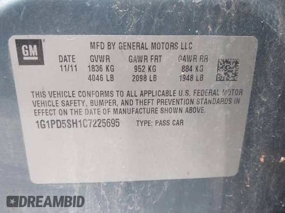 2012 Chevrolet Cruze LS with VIN 1G1PD5SH1C7225695, listed as a IAAI auction lot 43280956 with 212,557 mi miles and . Bid and sale history available at DreamBid. Image 9.