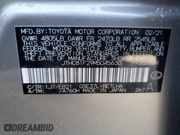 2021 Lexus IS 300 with VIN JTHC81F29M5045630, listed as a Copart auction lot 47646125 with Not provided miles and Salvage title. Bid and sale history available at DreamBid. Image 12.