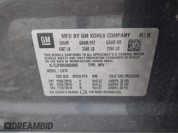 2018 Chevrolet Trax LT с VIN KL7CJPSBXJB668005, выставлен на аукционе IAAI как лот 42892577 с пробегом 97 486 миль миль и . История ставок и продаж доступна на DreamBid. Изображение 9.