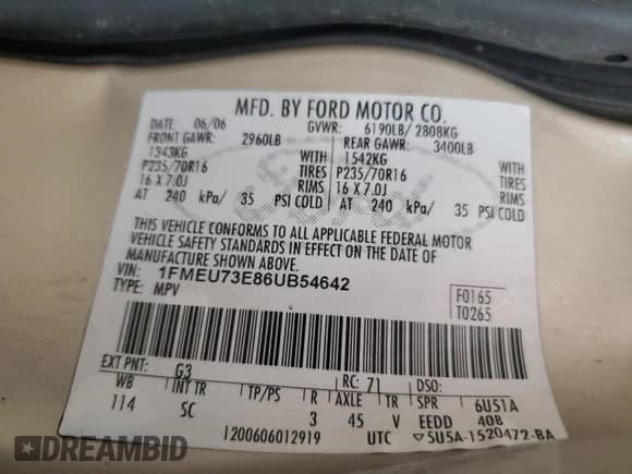 2006 Ford Explorer XLT z VIN 1FMEU73E86UB54642, wystawiony jako Copart lot #81141955 z przebiegiem Nie podano mil oraz Szkoda całkowita • Salvage title. Historia ofert i sprzedaży dostępna na DreamBid. Obrazek 14.
