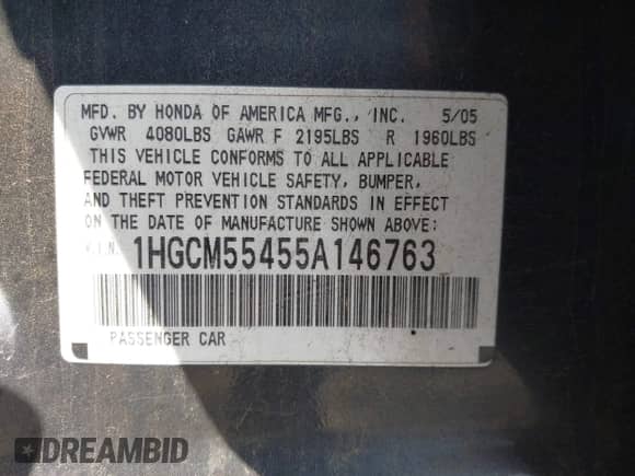 2005 Honda Accord LX with VIN 1HGCM55455A146763, listed as a IAAI auction lot 43496696 with 144,623 mi miles and . Bid and sale history available at DreamBid. Image 9.