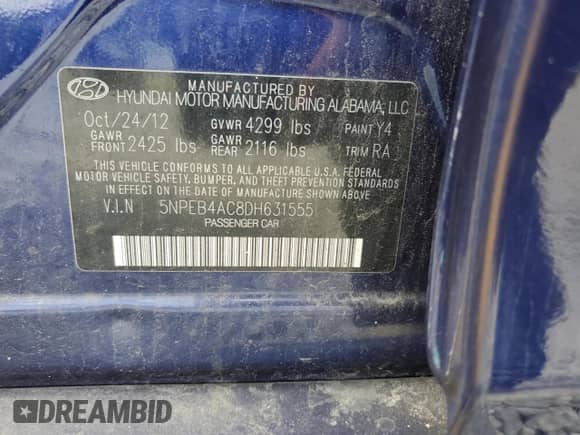 2013 Hyundai Sonata GLS с VIN 5NPEB4AC8DH631555, выставлен на аукционе Copart как лот 81063215 с пробегом Не указан миль и Чистый • Clean title. История ставок и продаж доступна на DreamBid. Изображение 12.