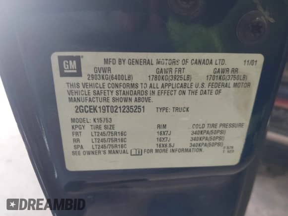2002 Chevrolet Silverado 1500 LS with VIN 2GCEK19T021235251, listed as a IAAI auction lot 43213628 with Not provided miles and . Bid and sale history available at DreamBid. Image 9.