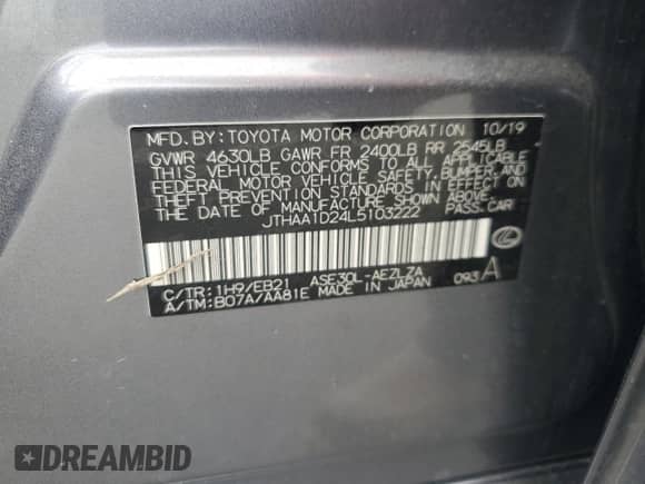 2020 Lexus IS 300 with VIN JTHAA1D24L5103222, listed as a Copart auction lot 53112095 with Not provided miles and Salvage title. Bid and sale history available at DreamBid. Image 12.