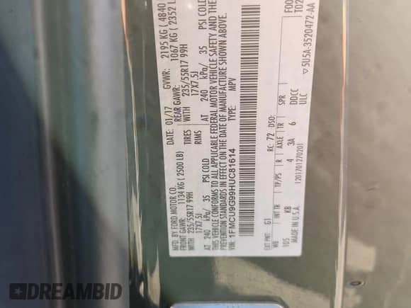 2017 Ford Escape SE с VIN 1FMCU9G99HUC81614, выставлен на аукционе Copart как лот 90099755 с пробегом 108 193 миль миль и Чистый • Clean title. История ставок и продаж доступна на DreamBid. Изображение 12.