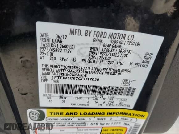 2012 Ford F-150 Lariat с VIN 1FTFW1C67CFC17030, выставлен на аукционе Copart как лот 79238004 с пробегом 15 458 миль миль и Списание • Salvage title. История ставок и продаж доступна на DreamBid. Изображение 13.